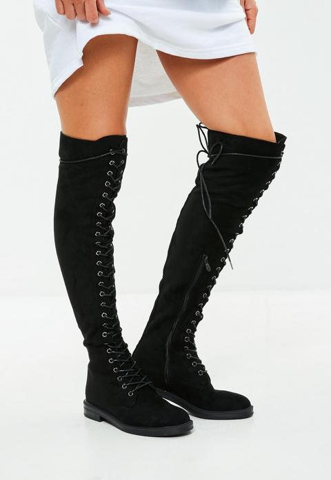 Black Lace Up Over The Knee Boots 