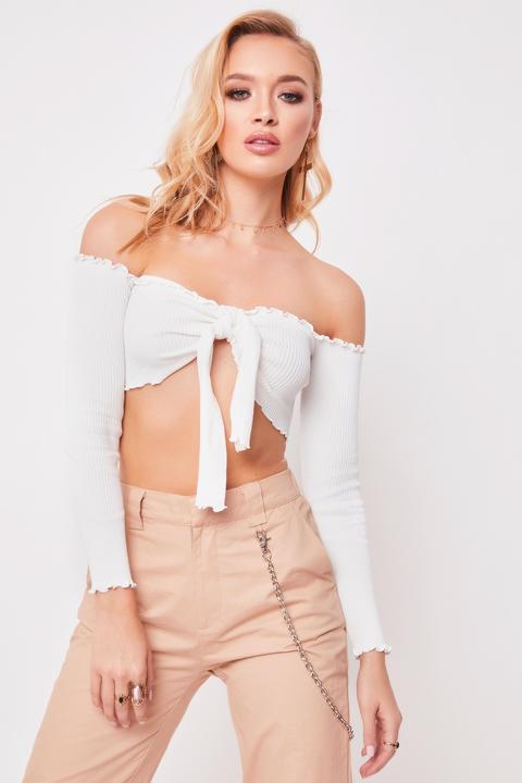 Delilah White Ribbed Bow Front Bardot Crop Top