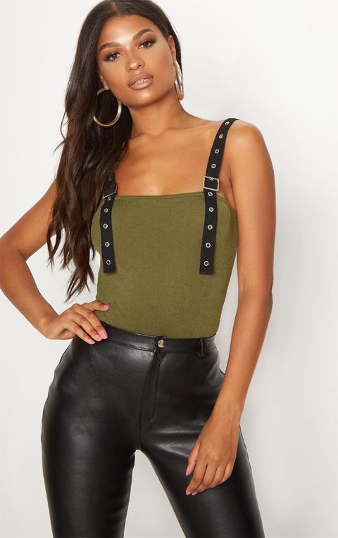 Khaki Buckle Strap Thong Bodysuit