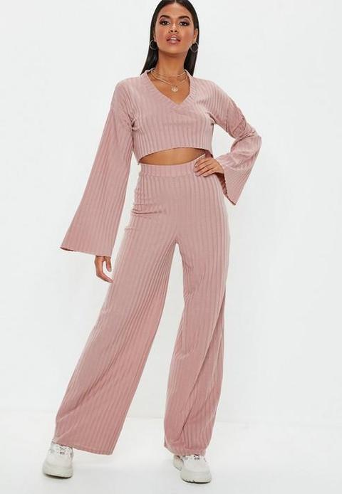 Rose Matte Ribbed Wide Leg Trousers, Rose