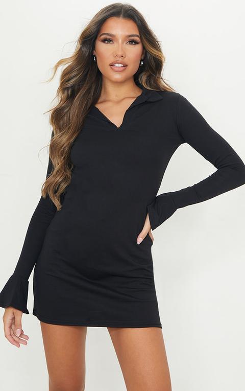 Black Polo Collar Flare Sleeve Bodycon Dress