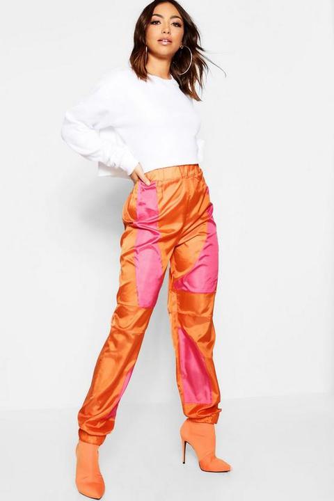 Pantalones De Deporte Estilo Panel En Contraste, Naranja