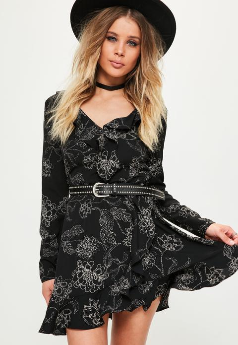 Black Base Floral Print Ruffle Detail Tea Dress