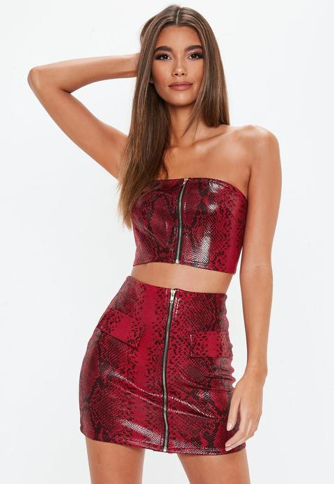 Red Snake Bandeau Mini Skirt Co Ord Set, Red