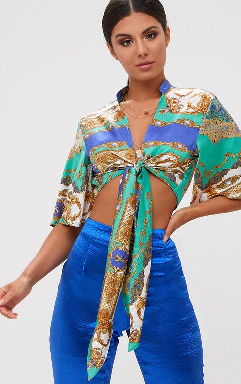 Blue Scarf Print Flare Sleeve Tie Front Crop Top, Blue