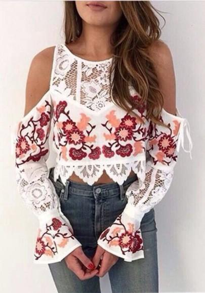 Blusa Calados De Encaje Floral Cuello Redondo Manga Larga Blanca