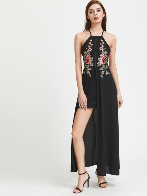 Incrociato Indietro Scala Ritaglio Ricamato Overlay Dress