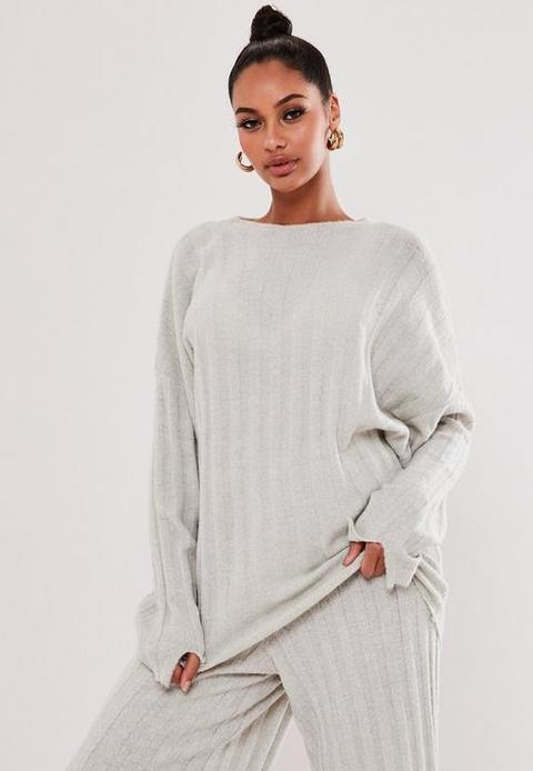 Stone Co Ord Extreme Rib Oversized Long Jumper, Stone