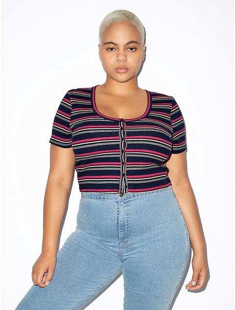 Cotton 2x2 Button Front Short Sleeve Crop Top