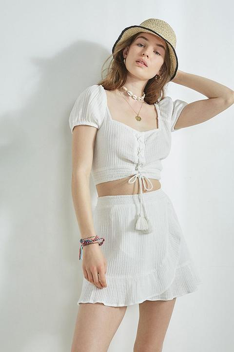 Uo Solace Lace-up Top - Beige L At Urban Outfitters