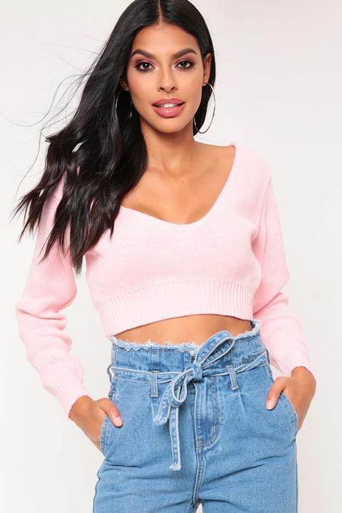 Baby Pink V-neck Cropped Jumper from I Saw It First on 21 Buttons