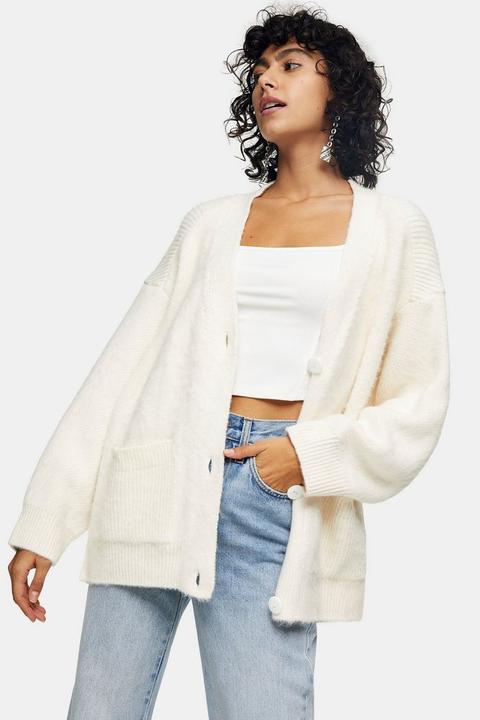 Ivory Brushed Ribbed Midi Cardigan