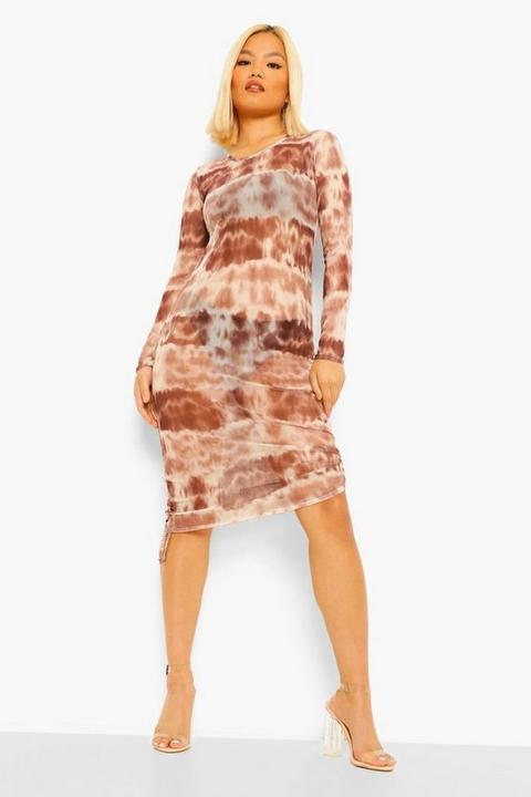 Womens Petite Tie Dye Mesh Ruched Bodycon Dress - Brown - 4, Brown