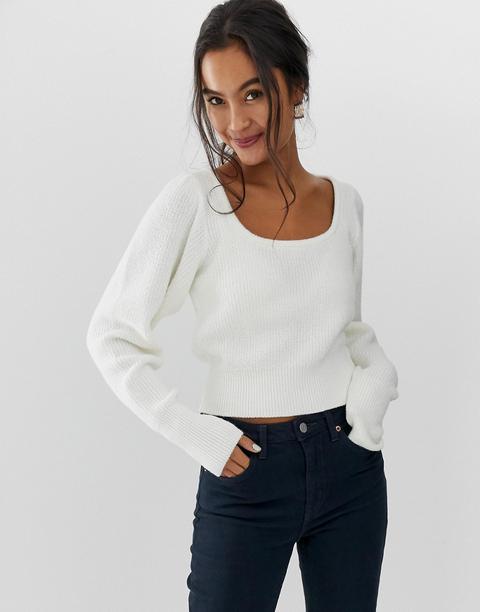 Asos Design Chunky Scoop Neck Jumper With Full Sleeve-cream