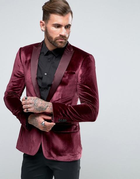 Asos - Blazer Super Skinny In Velluto Bordeaux - Rosso