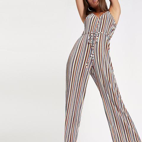 Orange Stripe Plisse Wide Leg Cami Jumpsuit