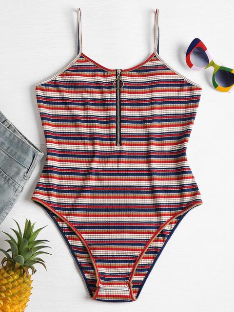 Bodysuit A Righe Con Zip Frontale A Fessura