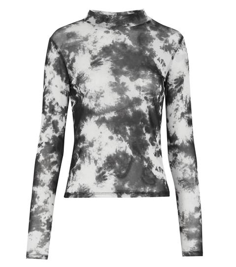 Black Tie Dye Mesh High Neck Long Sleeve Top New Look