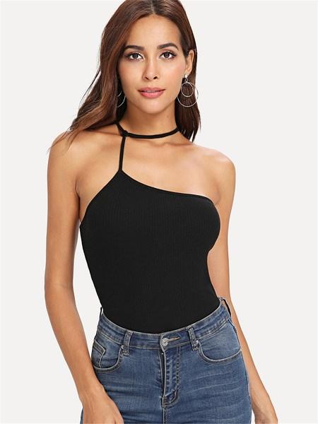Top Ajustado De Canalé Y Tira Al Cuello