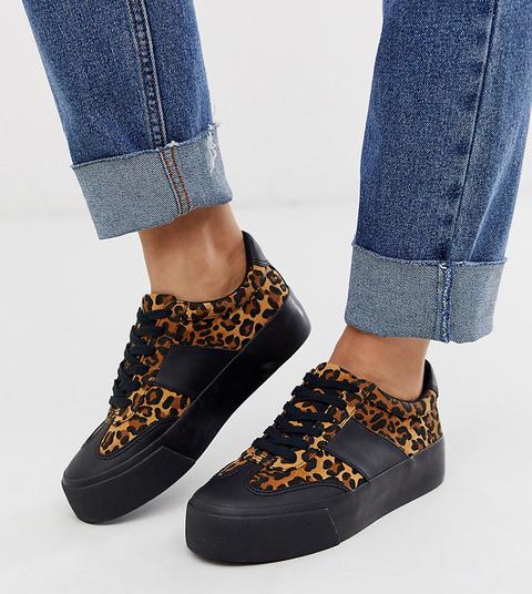 Zapatillas Con Plataforma Plana De Corte Ancho En Diseño De Leopardo Y Negro De Asos Design-multicolor