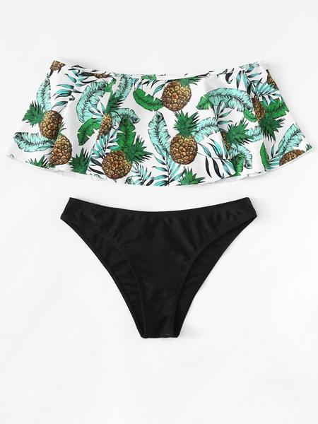 Set De Bikini Con Estampado Tropical Con Volante De Hombros Descubiertos