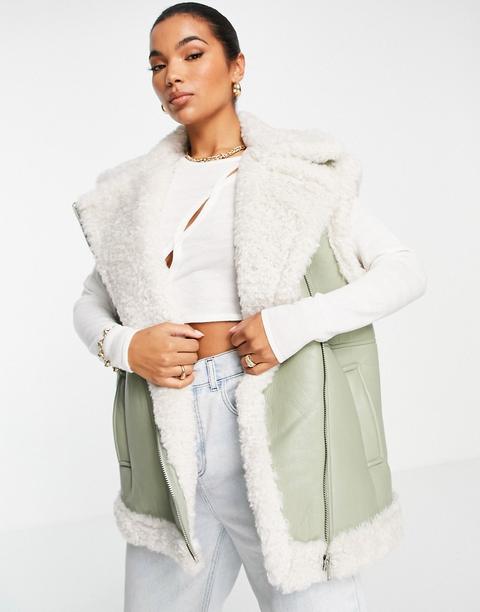 Asos Design Borg Bonded Shearling Gilet In Sage-black