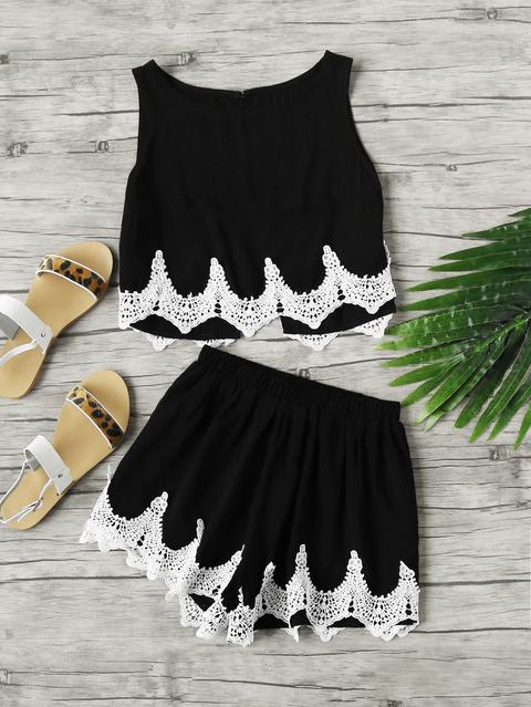 Chevron Lace Hem Split Back Tank Top With Shorts