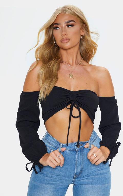 Black Ruched Detail Bardot Long Sleeve Crop Top