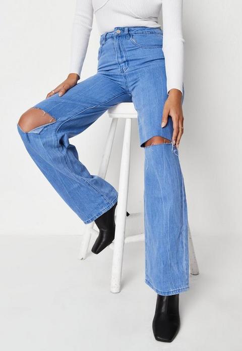 Blue Double Knee Split Loose Straight Leg Jeans, Blue