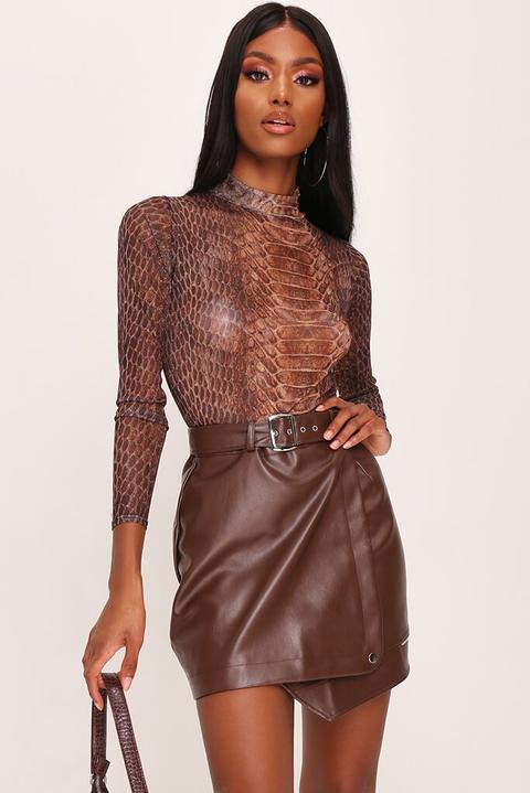 Chocolate Faux Leather Belted Assymetric Mini Skirt