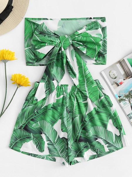 Tie Front Tropical Bandeau Top Con Pantaloncini