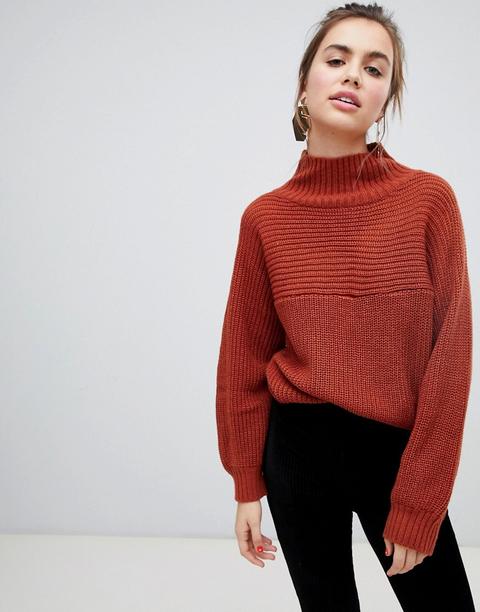 Monki - Maglione Accollato Oversize Ruggine A Coste - Marrone