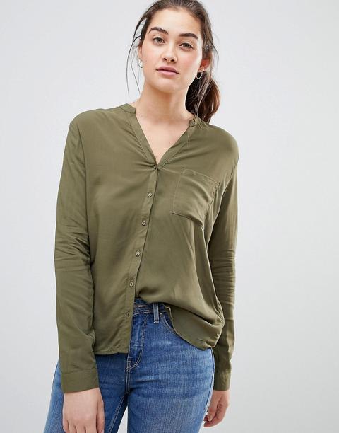 Pull&bear - Langärmliges Hemd In Khaki Mit V-ausschnitt - Grün