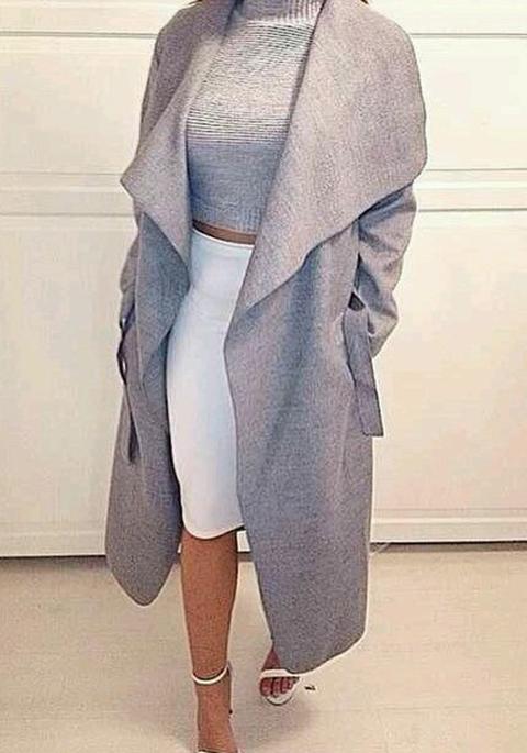 Cappotto Pianura Tasche Collare Del Turndown Manica Lunga Grigio