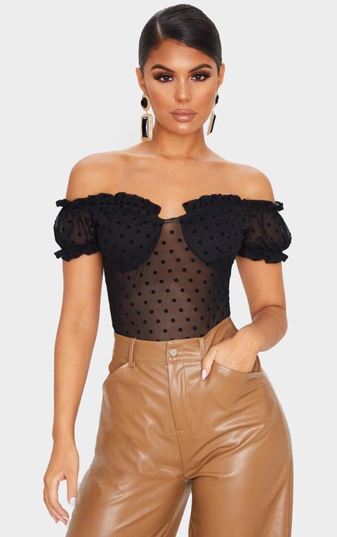 Black Sheer Polka Dot Bardot Frill Short Sleeve Bodysuit