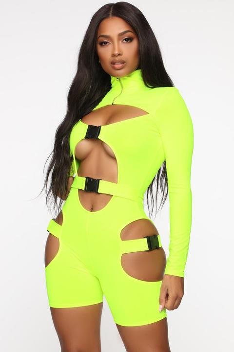 Buckle Up Mock Neck Romper - Neon Yellow