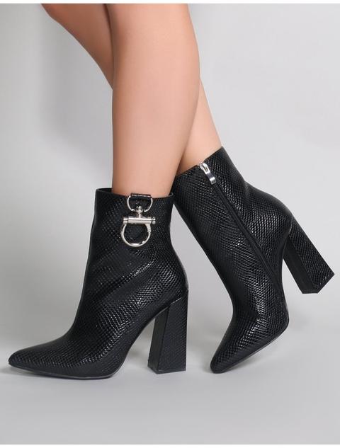 Forever Metal Trim Ankle Boots In Black Mock Croc