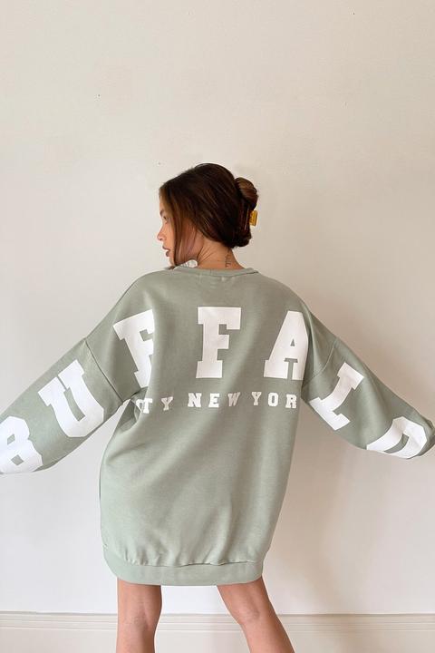 Sage Buffalo Slogan Oversized Sweatshirt Jumper Dress