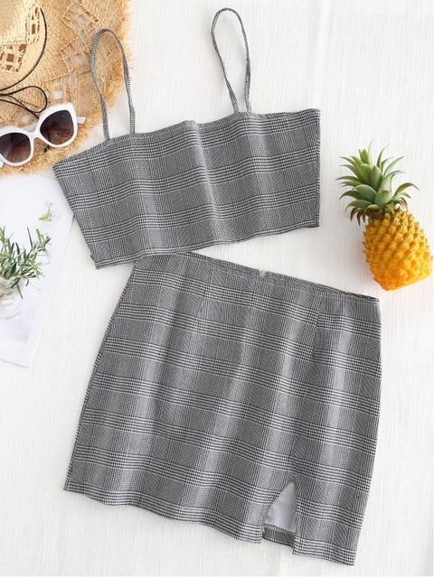 Bralette Plaid Top Y Slit Mini Skirt Set