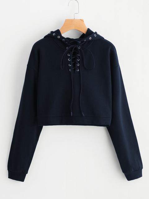 Drop Shoulder Grommet Lace Up Crop Hoodie