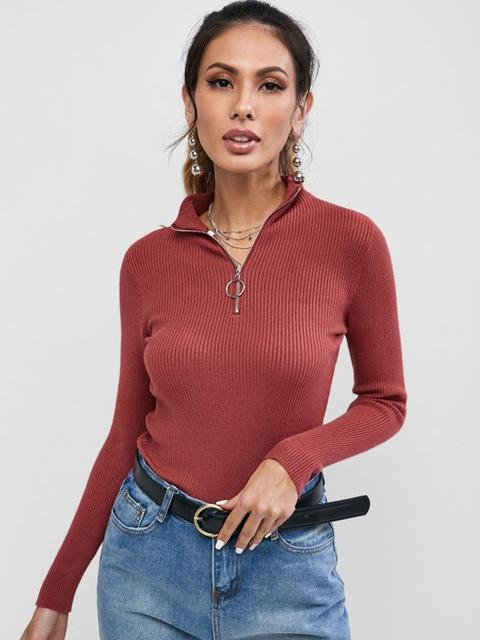 Blusa Tejida Zipper Y Canalé Deep Red