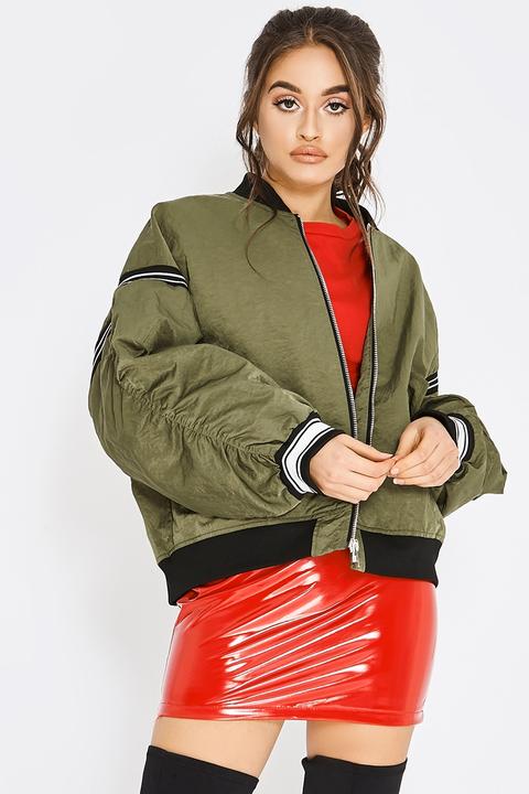 Khaki Jackets - Pia Mia Khaki Sports Stripe Oversized Bomber Jacket