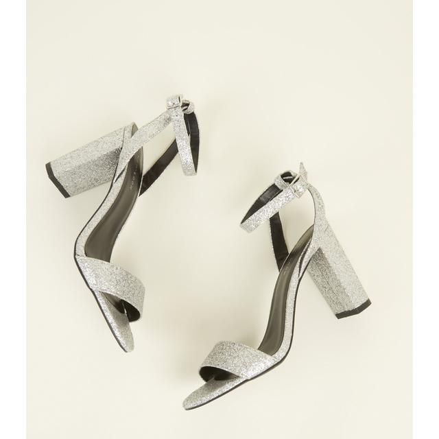 silver barely there block heels