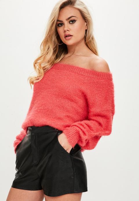 Red Fluffy Bardot Crop Jumper, Pink