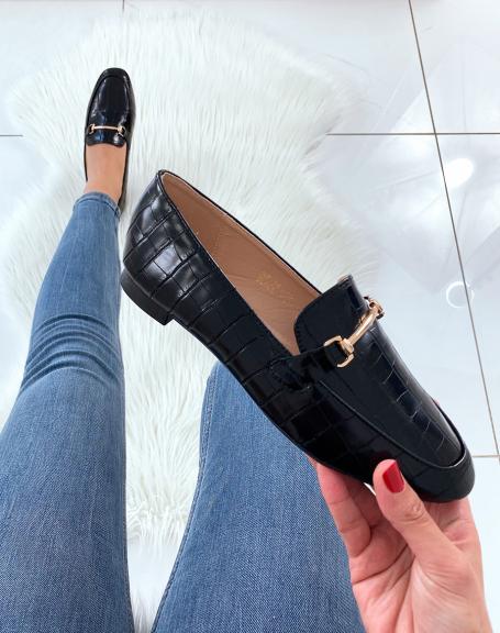 Mocassin Noir Effet Croco En Simili Cuir À Bride Doré