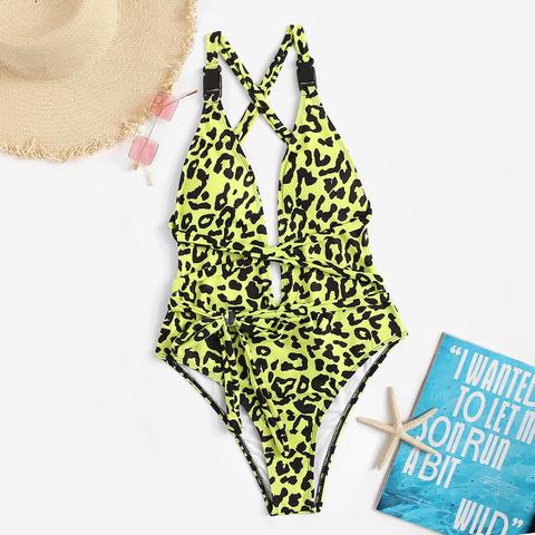 Costume Da Bagno Capestro Effetto Leopardo A Croce Con Fibbia
