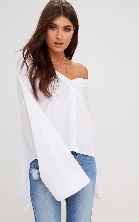 White Oversized Off Shoulder Shirt, White