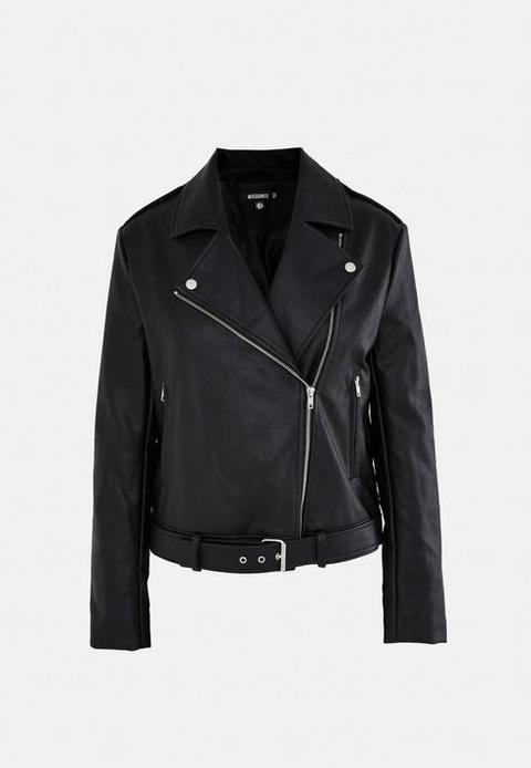 Black Faux Leather Boxy Biker Jacket, Black