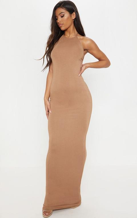 Camel Basic Halterneck Maxi Dress