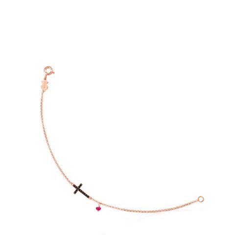 Pulsera De Plata Vermeil Rosa, Espinela Y Rubí Motivo Cruz Motif